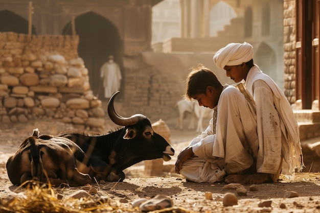 Photo two boys are sitting in the dirt with a bull