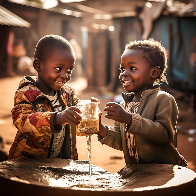 two boys are smiling and one is holding a glass of water.