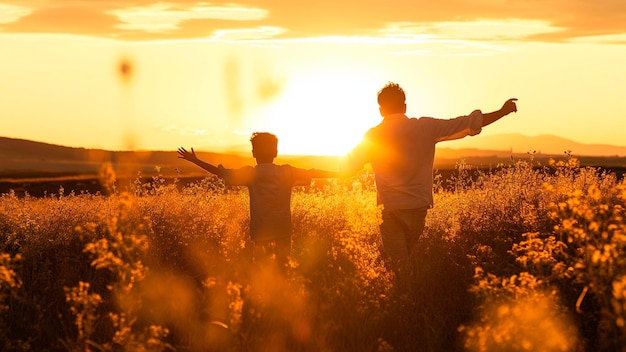 two boys are standing in a field with the sun behind them