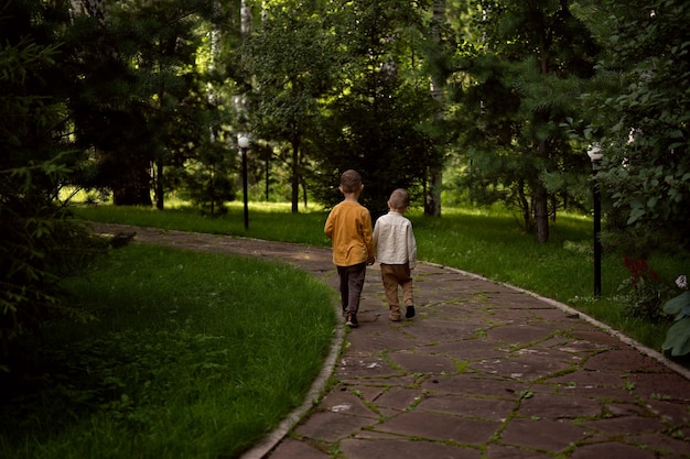 Two boys are walking along the alley Two brothers are walking in the park