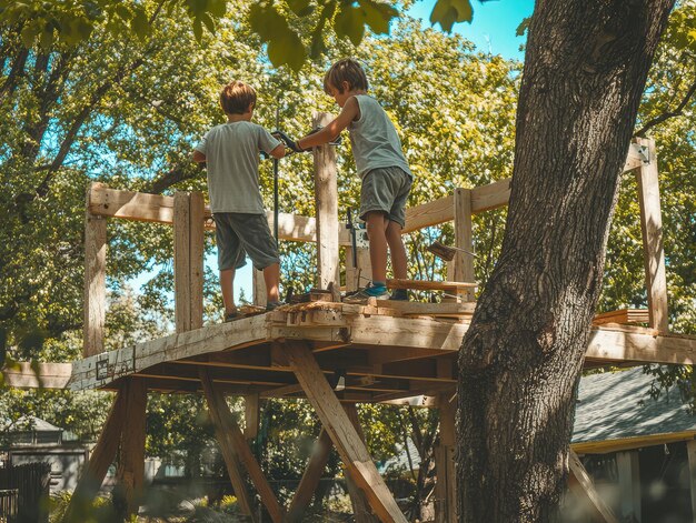 two boys building a treehouse together in a forest surrounded by lush greenery