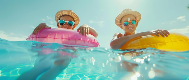 Two boys each wearing hats and sunglasses float sidebyside in a sunlit pool with inflatable rings enjoying the sunny carefree day