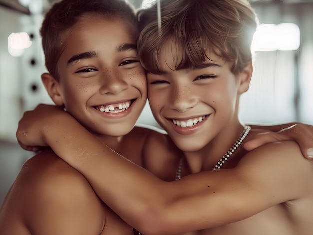 Two boys hugging each other in a gym