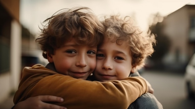 Two boys hugging each other in a park