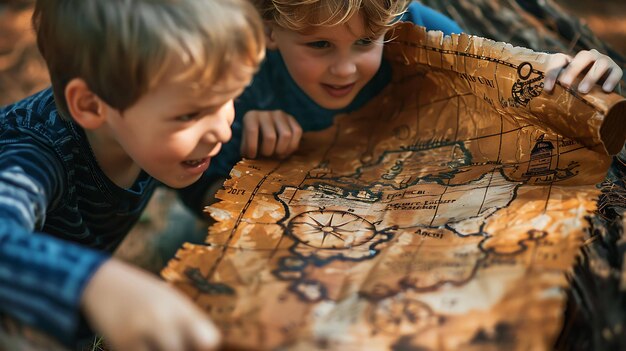 Photo two boys looking at a map of the world that says  the word  on it