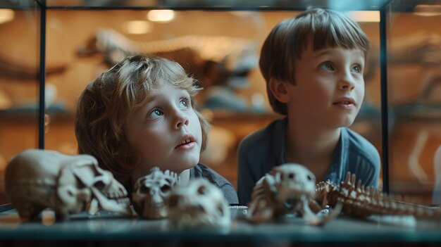 Photo two boys looking at a mirror with a toy on the top