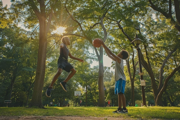 Photo two boys playing basketball in the park