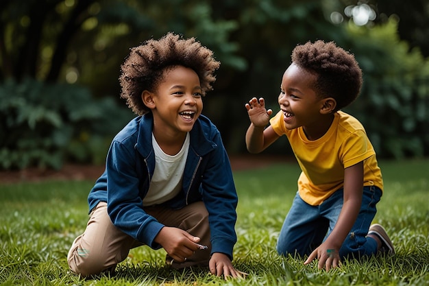 two boys playing in the grass with one wearing a yellow shirt