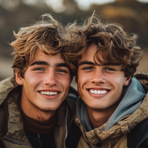 two boys pose for a picture with their arms around each other