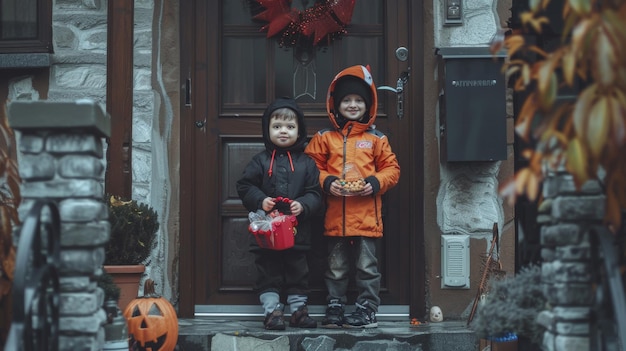 Photo two boys in a raincoat are standing in front of a door with a pumpkin on it