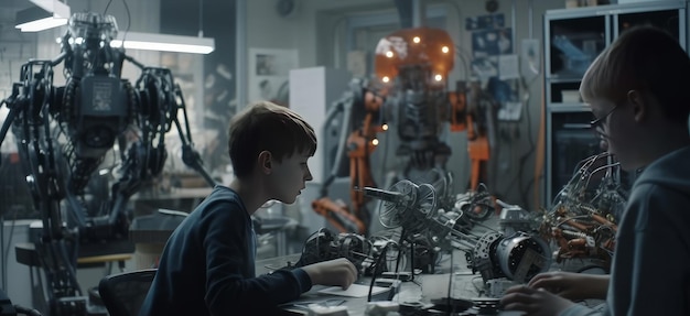 Two boys in the robotics laboratory working on a robot arm Generative AI