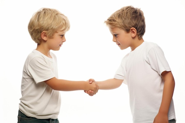 Photo two boys shake hands one of them is wearing a white shirt