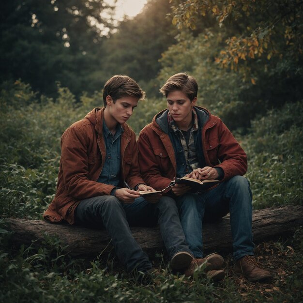 two boys sit on a log one of them reads a book