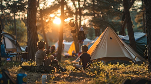 Two Boys Sitting by Tents in a Forest at Sunset