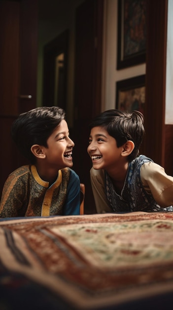 Two boys smiling and laughing in a room with a wall hanging behind them