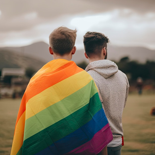 Two boys standing in a field with a rainbow flag lgbt diversity