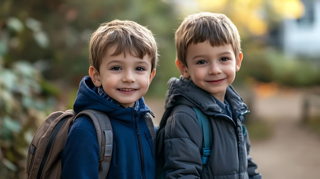 Photo two boys with backpacks go to school