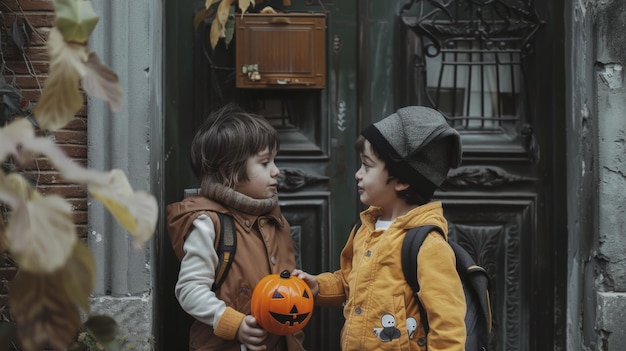 Photo two boys with a pumpkin and a pumpkin on their back