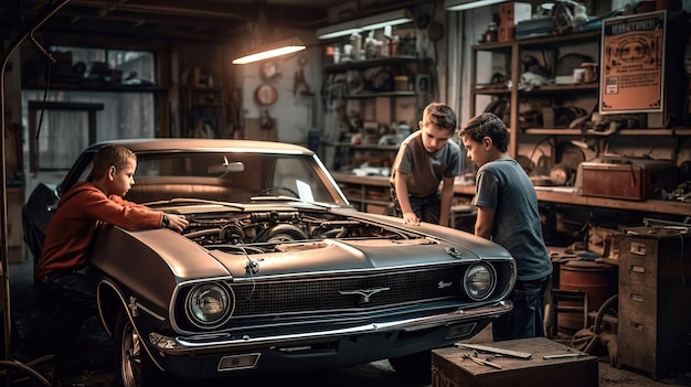 Two boys working on a car in a garage