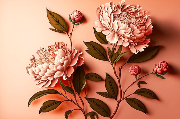 Two branches with romantic peonies on pink background