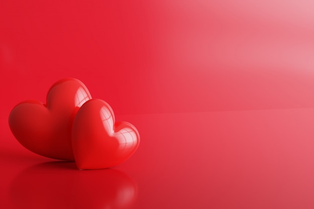 Two bright red hearts on a red gradient background. Valentine's Day