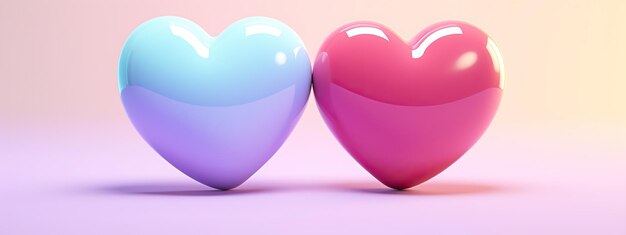 Two brightly colored hearts blue and pink shine against the background of a delicate pink shade Valentines day