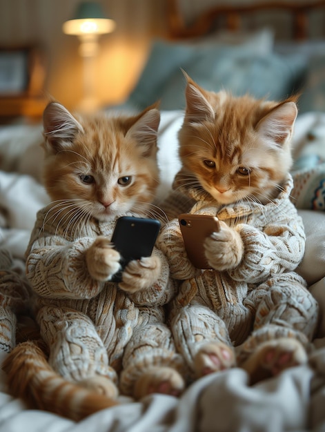 Photo two british shorthair kittens wearing pajamas use smartphones on a bed