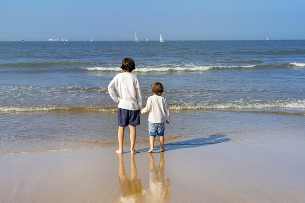 Two brothers holding hands are staying at the North Sea, back view. Boys spending weekend at the  seaside in Belgium, Knokke. Siblings friendship.