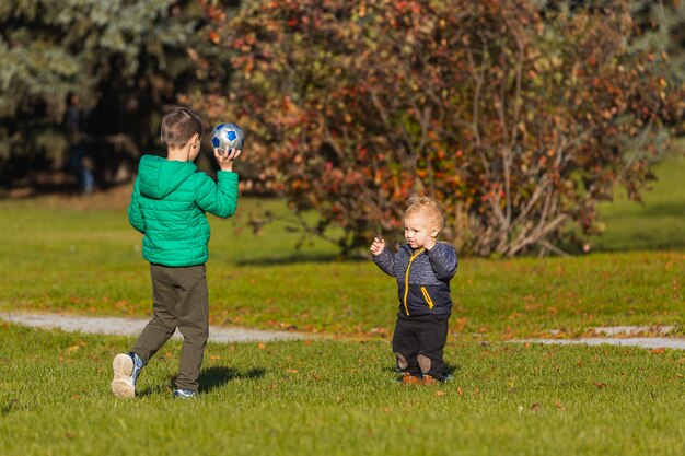 Two brothers is playing with ball in a park on a green lawn