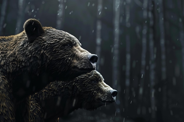 Two brown bears standing in the rain in a forest