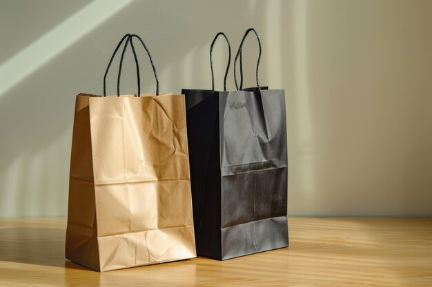 Photo two brown and black paper bags with handles on a stylish table