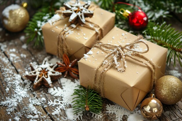 Two brown boxes with white ribbons and a star on top