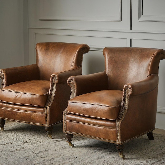 Photo two brown chairs are side by side one of which is a pair of brown leather