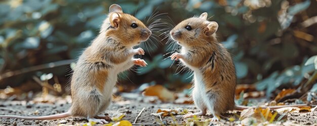 Two brown field mice engage in interaction on a forest floor Sunlight filters through highlighting their upright stance and curious expressions