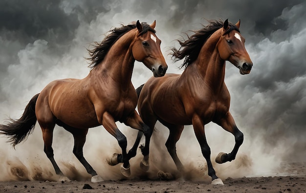 Two brown horses running through a cloud of dust