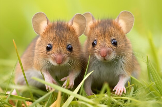 two brown mice are standing in the grass