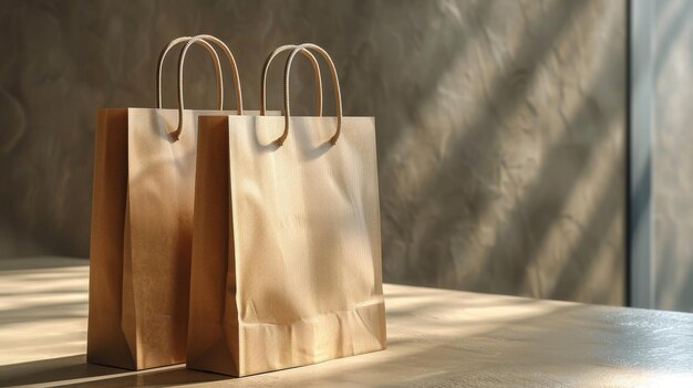 Photo two brown paper bags sitting on a table in the sunlight