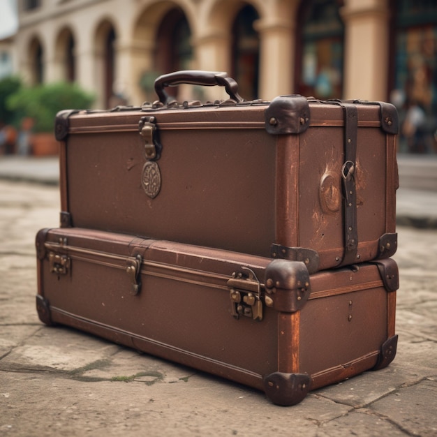 Photo two brown suitcases are stacked on the ground one of which has a tag on the front