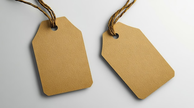 Two brown tags hanging on a string on a white surface