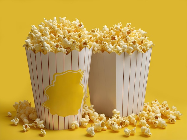 Two buckets full of popcorn on a yellow background with copy space