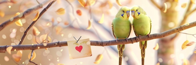 Photo two budgies perched on a branch with a heartshaped note