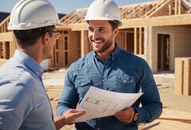 Two builders discuss plans on a construction site theyre focused and exchanging ideas