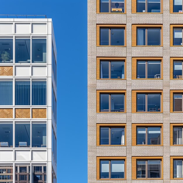 Photo two buildings side by side one is white and the other is brown