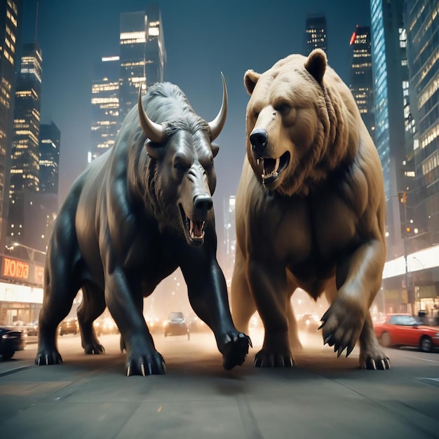 two bull statues are on display in a plaza