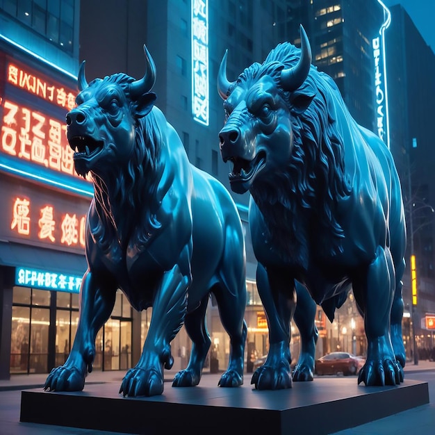 two bull statues are on display in a plaza