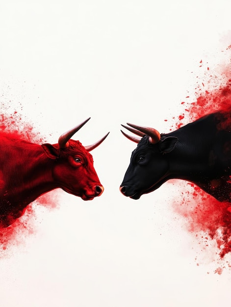 Photo two bulls one red and one black face each other in a dramatic showdown the red bull is on th