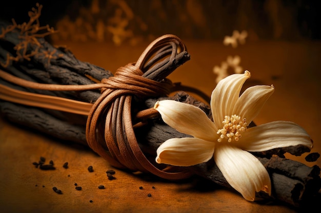 Two bundle of dry vanilla beans with white flower