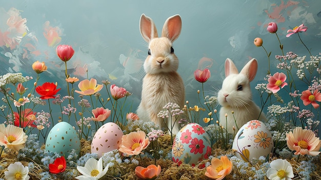 two bunny rabbits are sitting in a garden with easter eggs