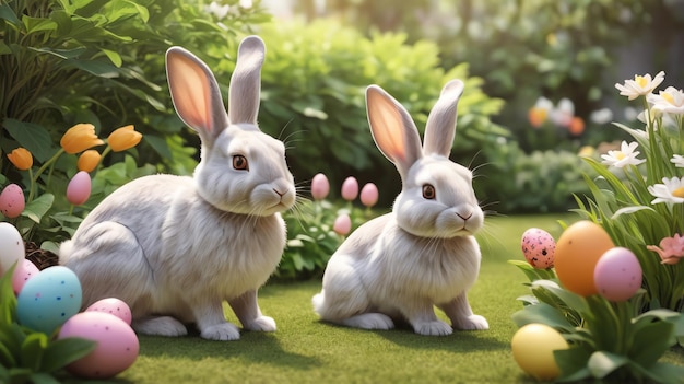 two bunny statues are sitting in a garden with a painted rabbit on the grass