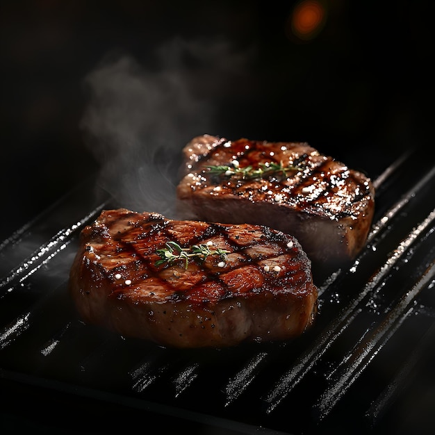 Photo two burgers are cooking on a grill with smoke coming out of the background